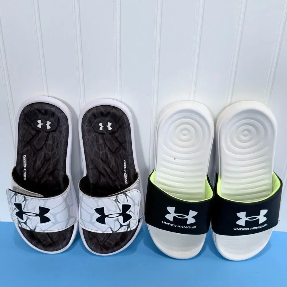 Bundle of 2 Under Armour Black and White Slide Sandals Size 3Y